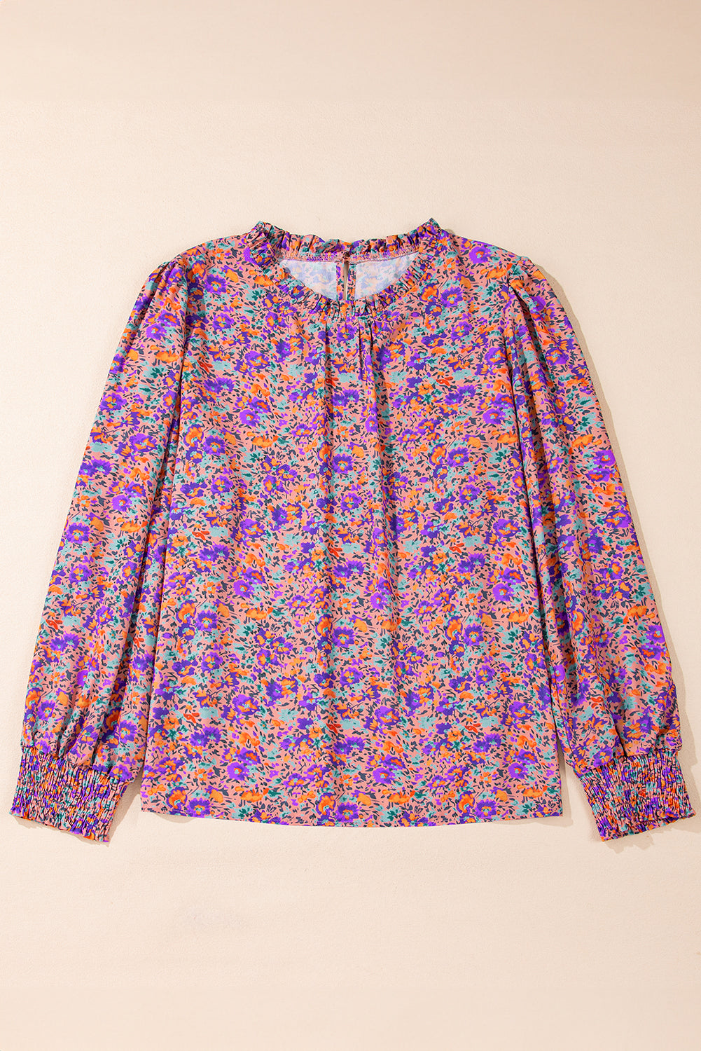 Purple Floral Print Frilled O-Neck Blouse with Shirred Cuffs