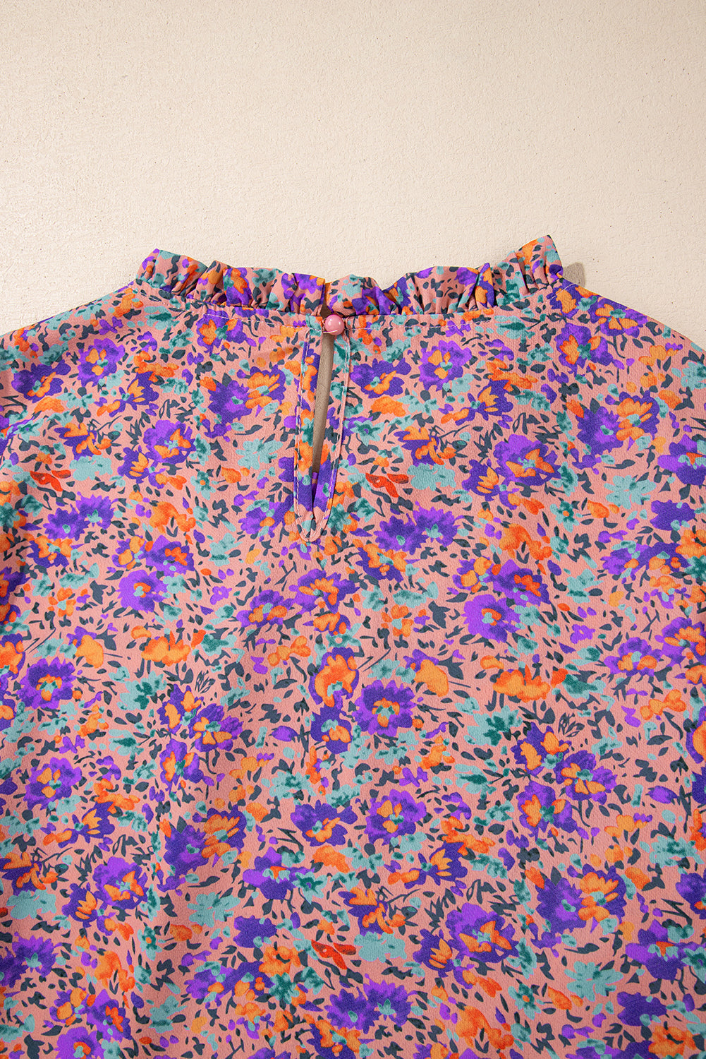 Purple Floral Print Frilled O-Neck Blouse with Shirred Cuffs
