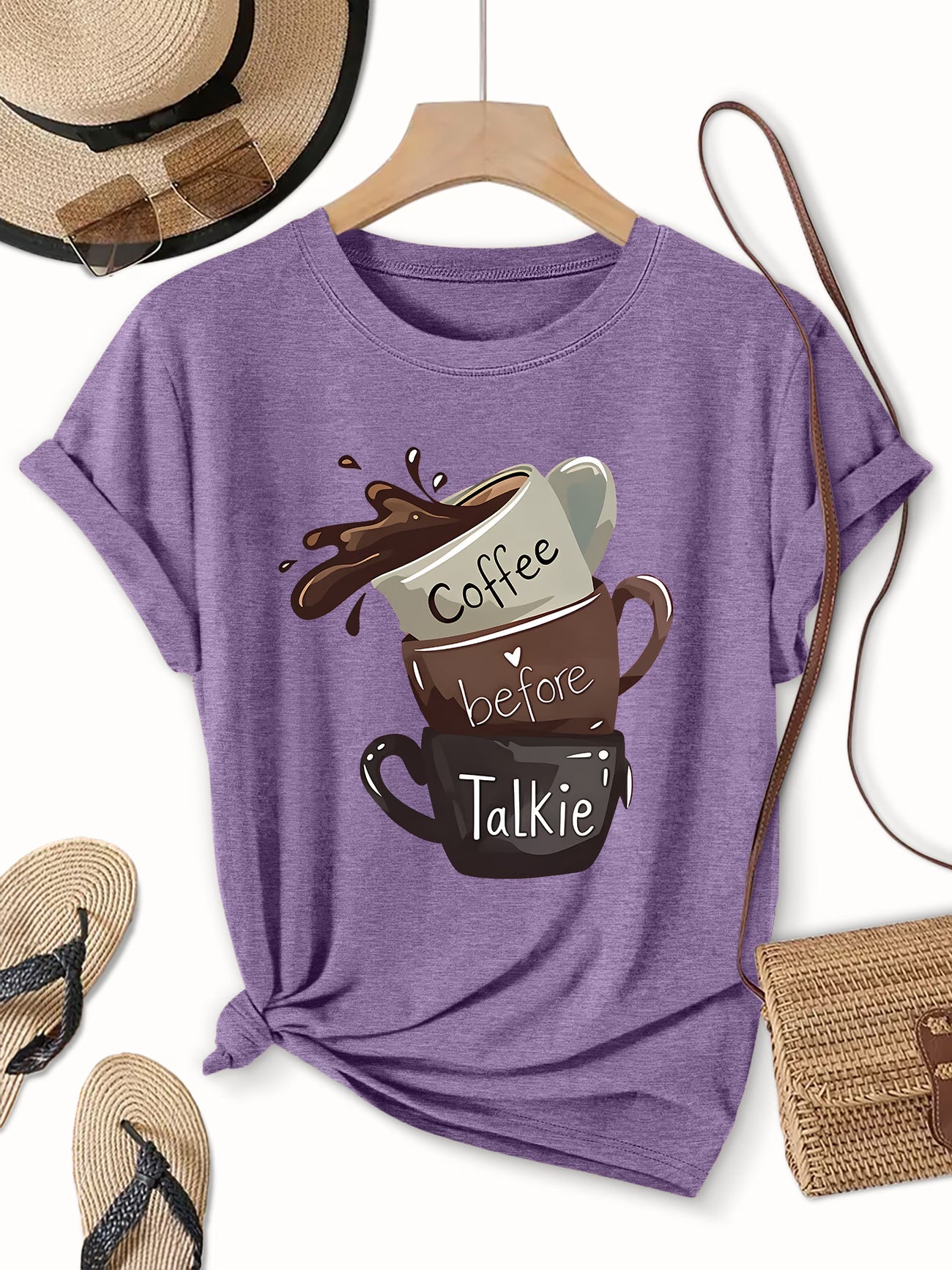 "Coffee Before Talkie" Slogan Tee – Plus Size Round Neck Top