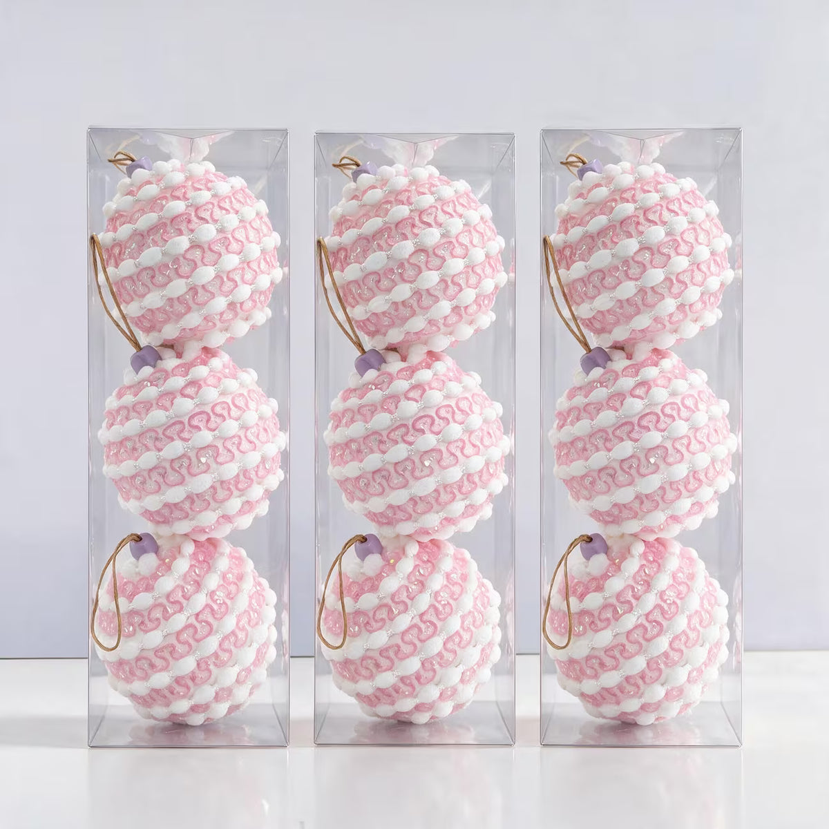 Pink and White Christmas Ornament Balls - 9pcs, 8cm Sequin Decorations