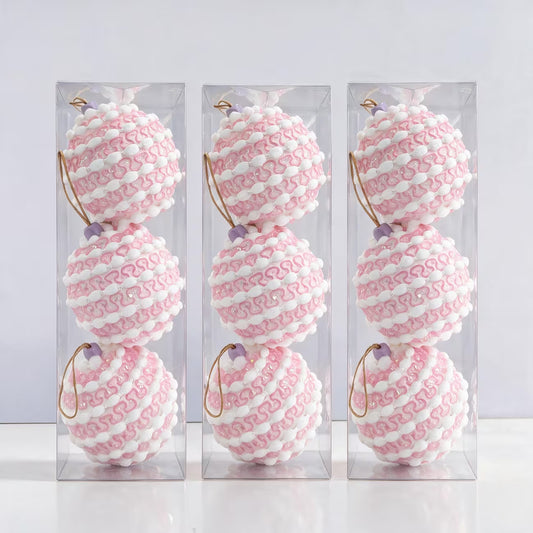 Pink and White Christmas Ornament Balls - 9pcs, 8cm Sequin Decorations