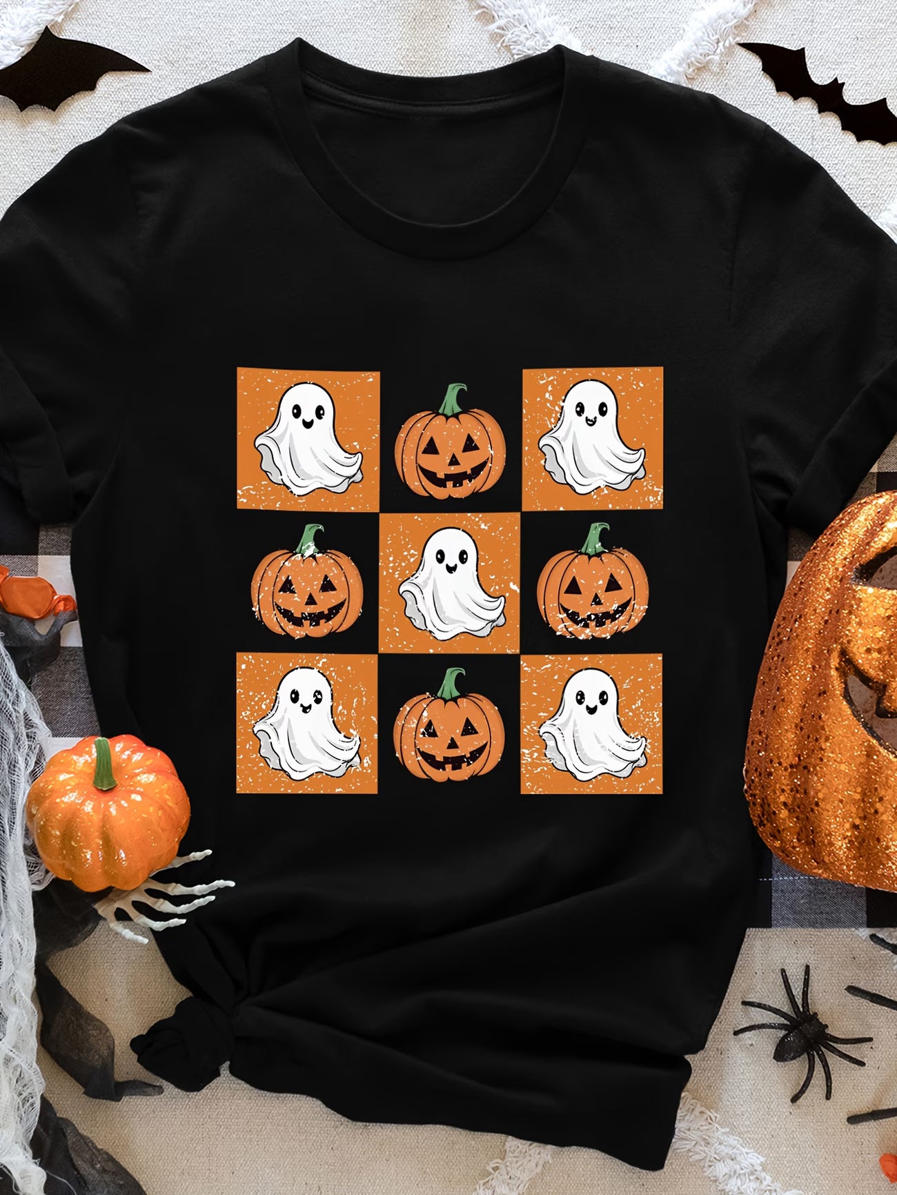 Pumpkin & Ghost Print T-Shirt – Short Sleeve Round Neck