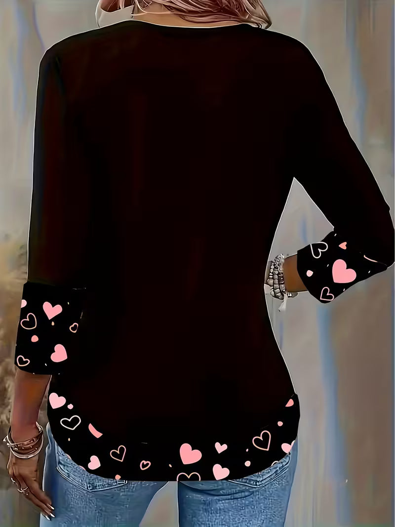 Women's 3/4 Sleeve T-Shirt Cute Heart Patch Top