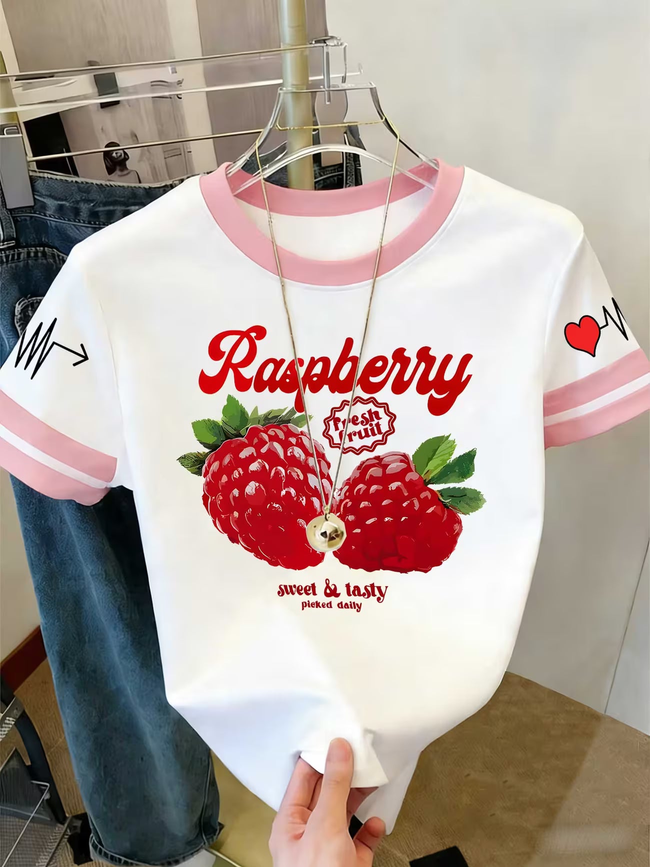 Raspberry Print Colour-Block Short-Sleeve Top