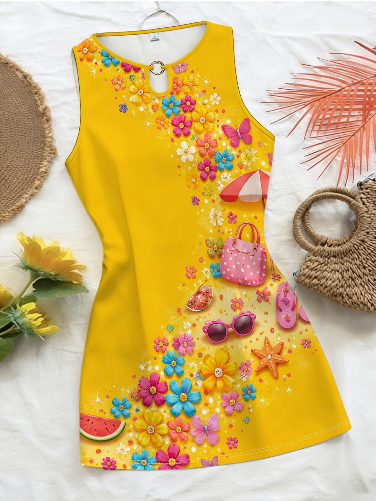 Bright Yellow Floral Watermelon Print Sleeveless Summer Dress