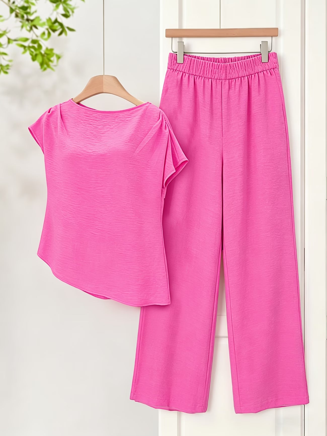 Solid Colour Round Neck Asymmetrical Ruched Loose Top & High-Waist Wide-Leg Pants Two-Piece Set
