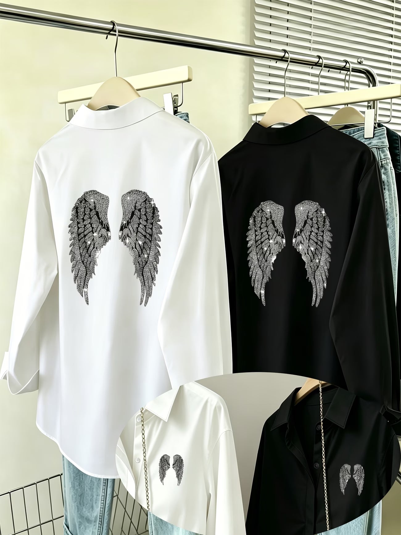 [2-Piece Set] Silvery Glitter Diamond Angel Wings Shirt