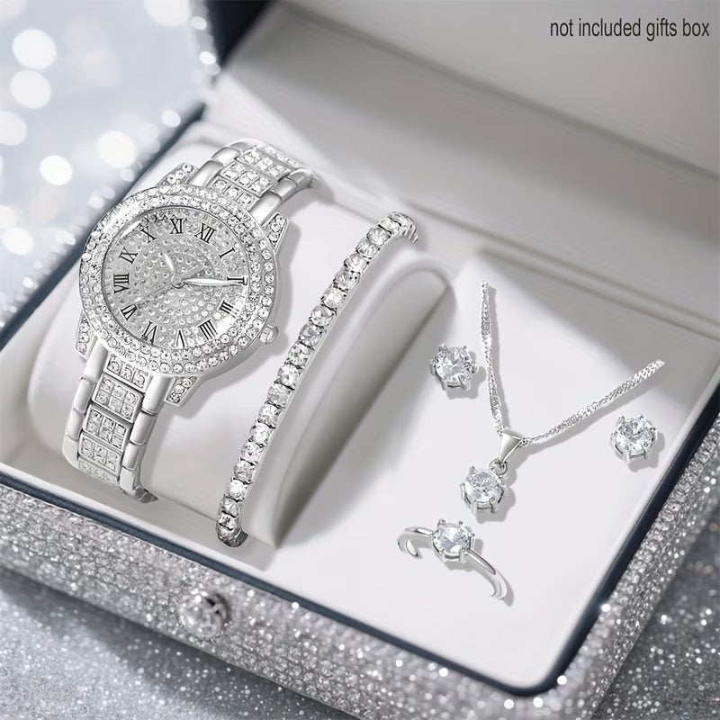 6pcs Ladies' Silvery Quartz Watch & Jewellery Set