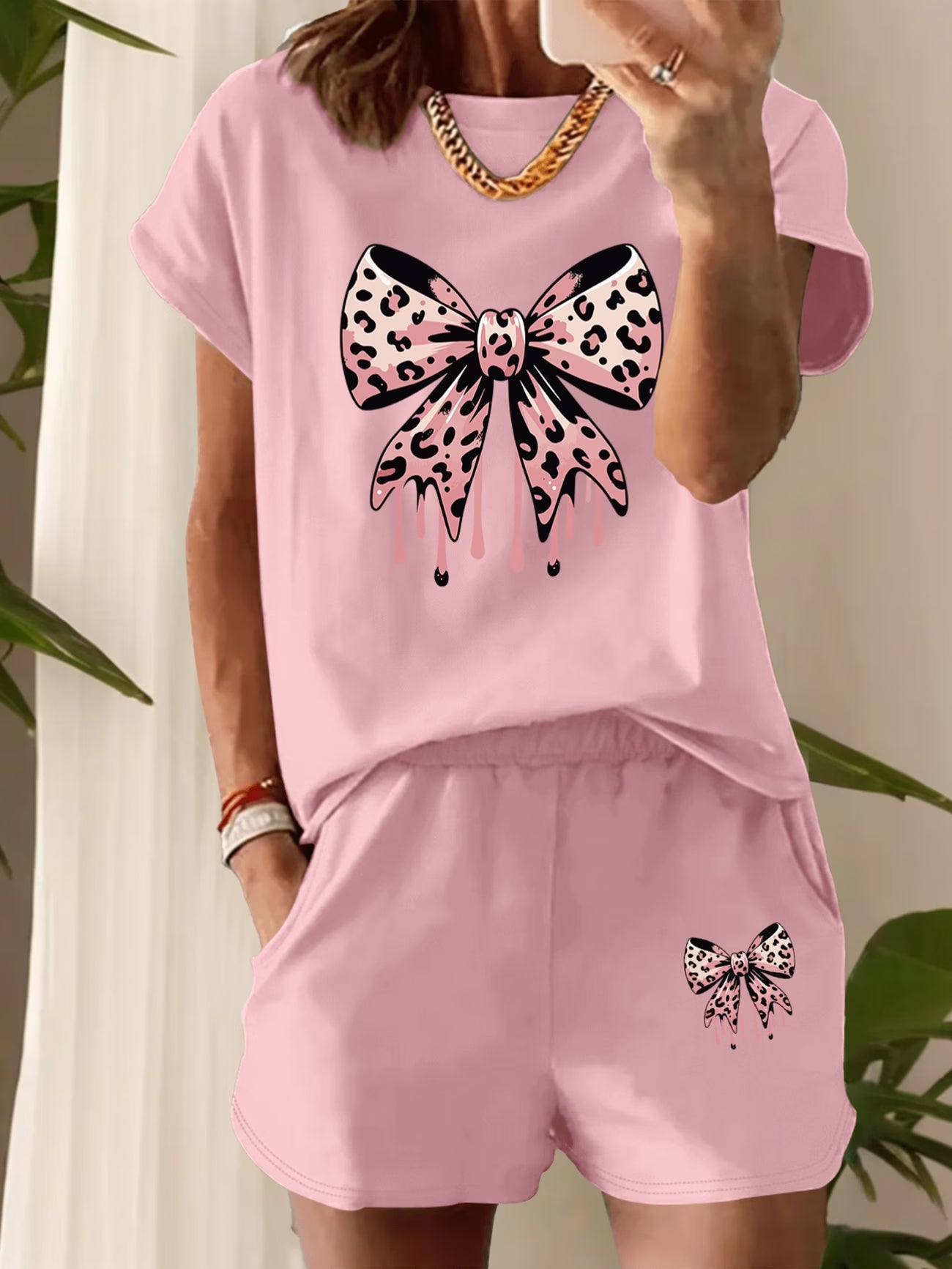 Bow & Leopard  Print Two-Piece Set – Round Neck Tee & High-Waist Shorts