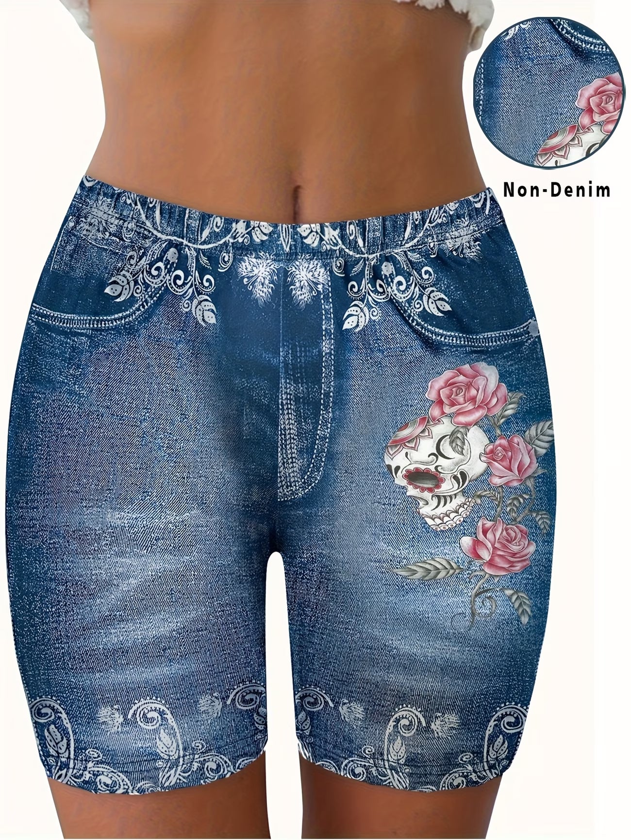 Women's Skull Print Leggings & Shorts — Faux Denim Effect | Stretchy Summer Fit