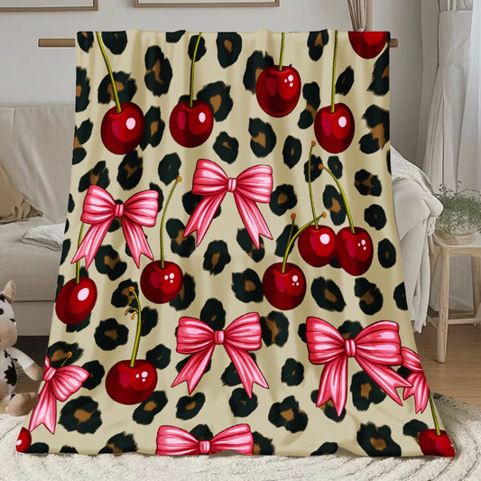 Leopard Cherry & Pink Bow Flannel Blanket