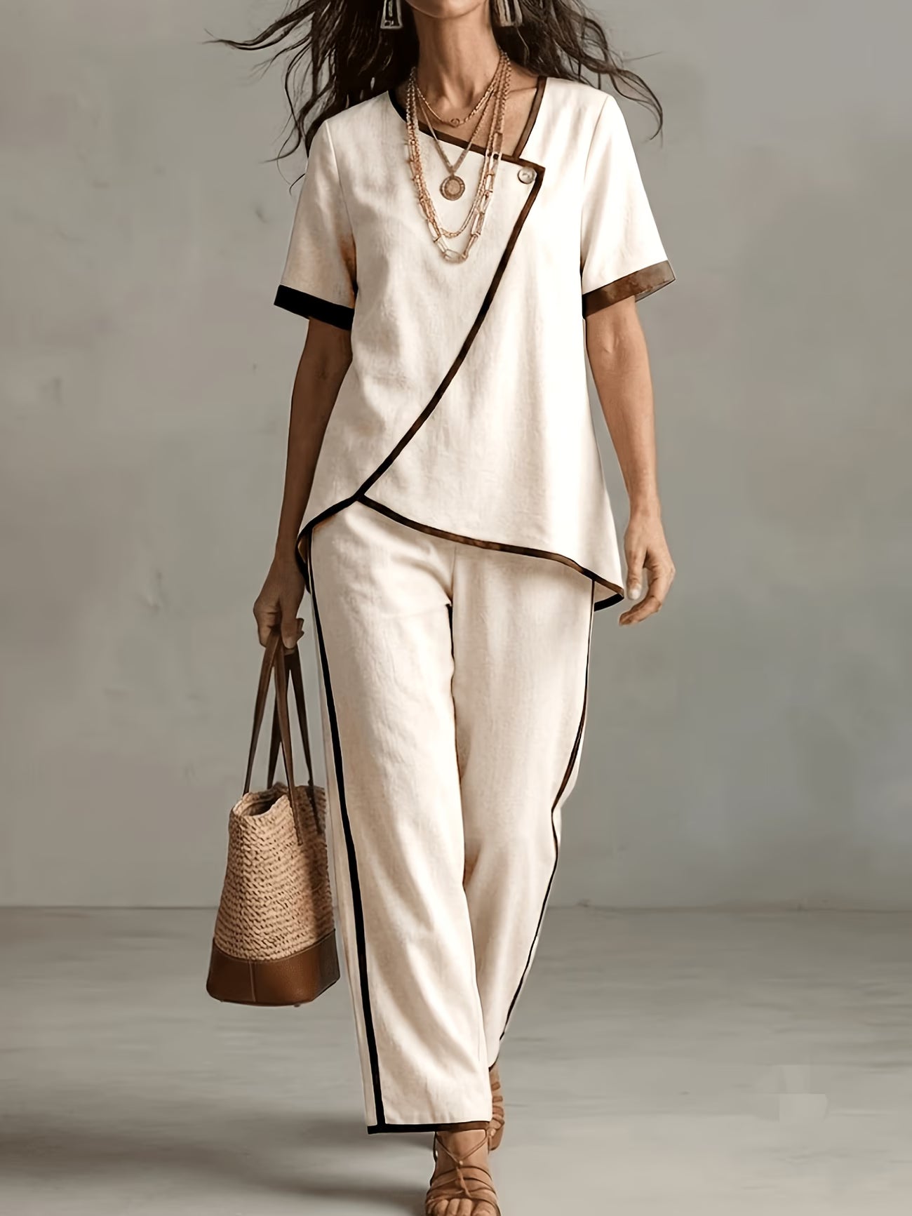 Summer Casual 2-Piece Set | Retro Contrast Short Sleeve & Pants