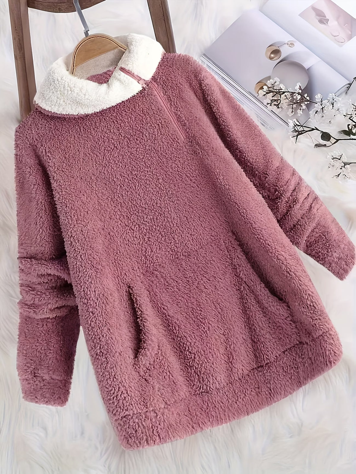 Women's Pink Fuzzy Pullover with Kangaroo Pocket