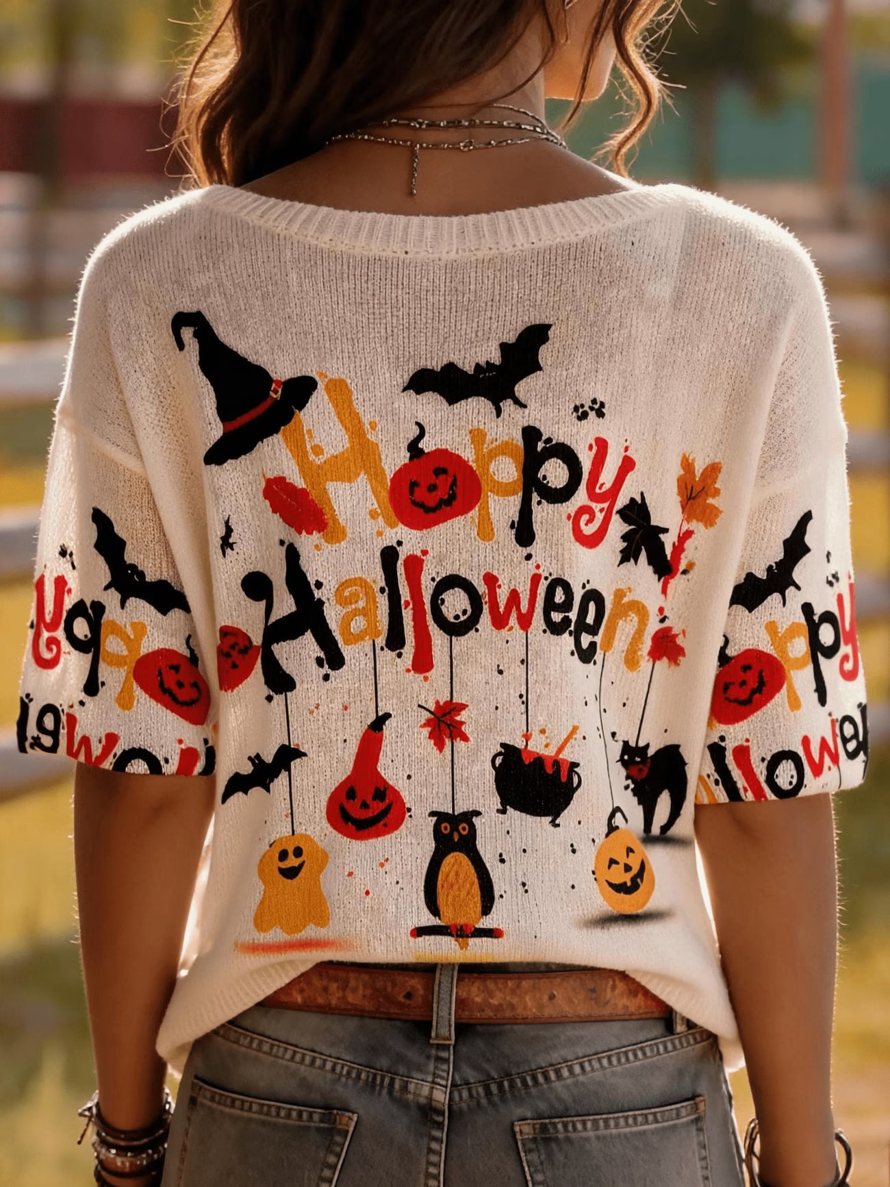 Halloween Pumpkin & Owl Print Lightweight Sweater Top