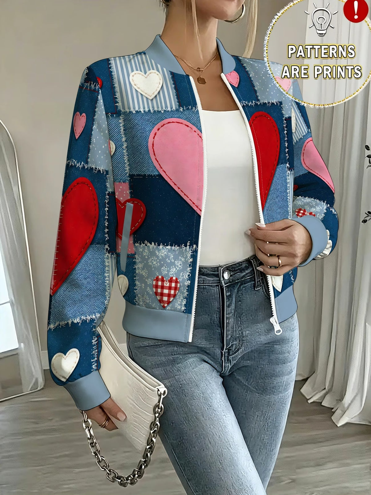 Women's Light Blue Denim-Look Heart Print Zip-Up Jacket