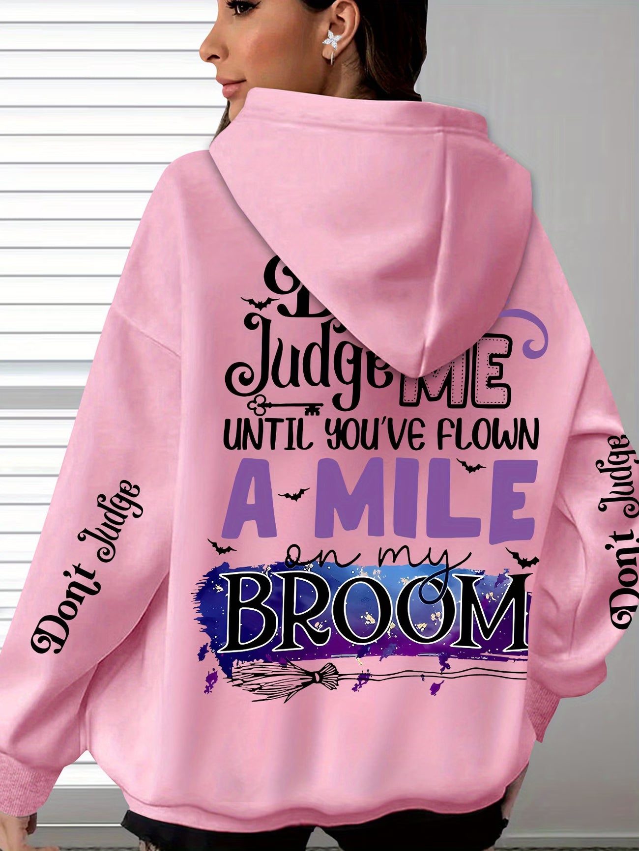 Women's Witchy Hooded Sweatshirt – Pastel Pink Witch Quotes & Broomstick Design