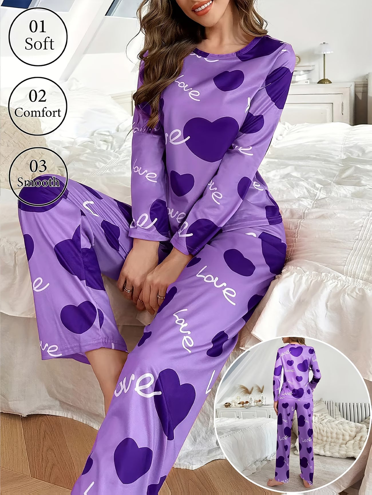 Women'S Heart and Slogan Print Long Sleeve Pajama Set