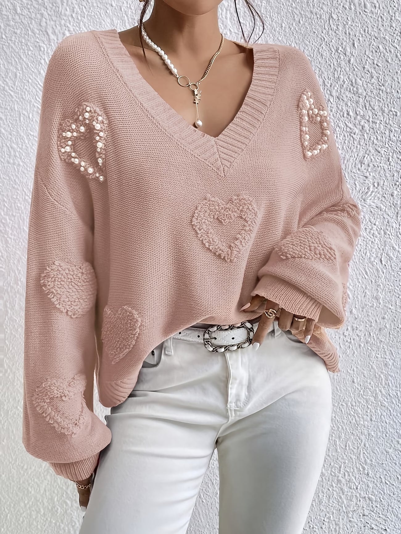 French Elegant Heart Studded Bead Pullover Sweater