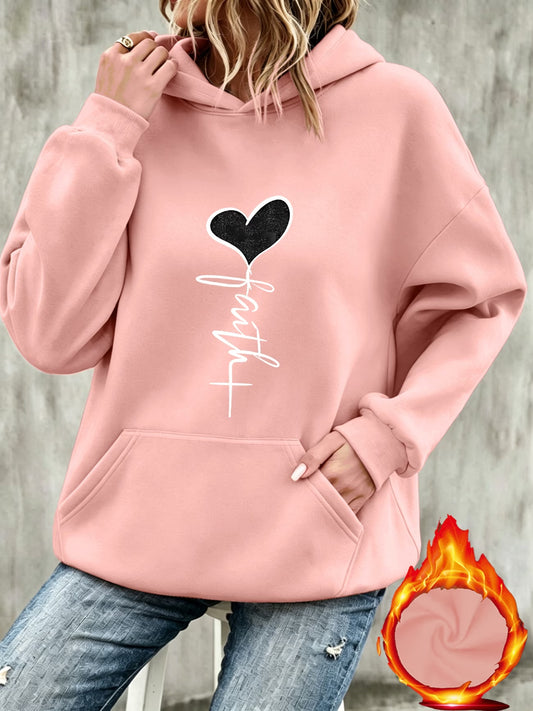 Fashionable Hooded Sweatshirt – Heart Pattern & White Cursive Text