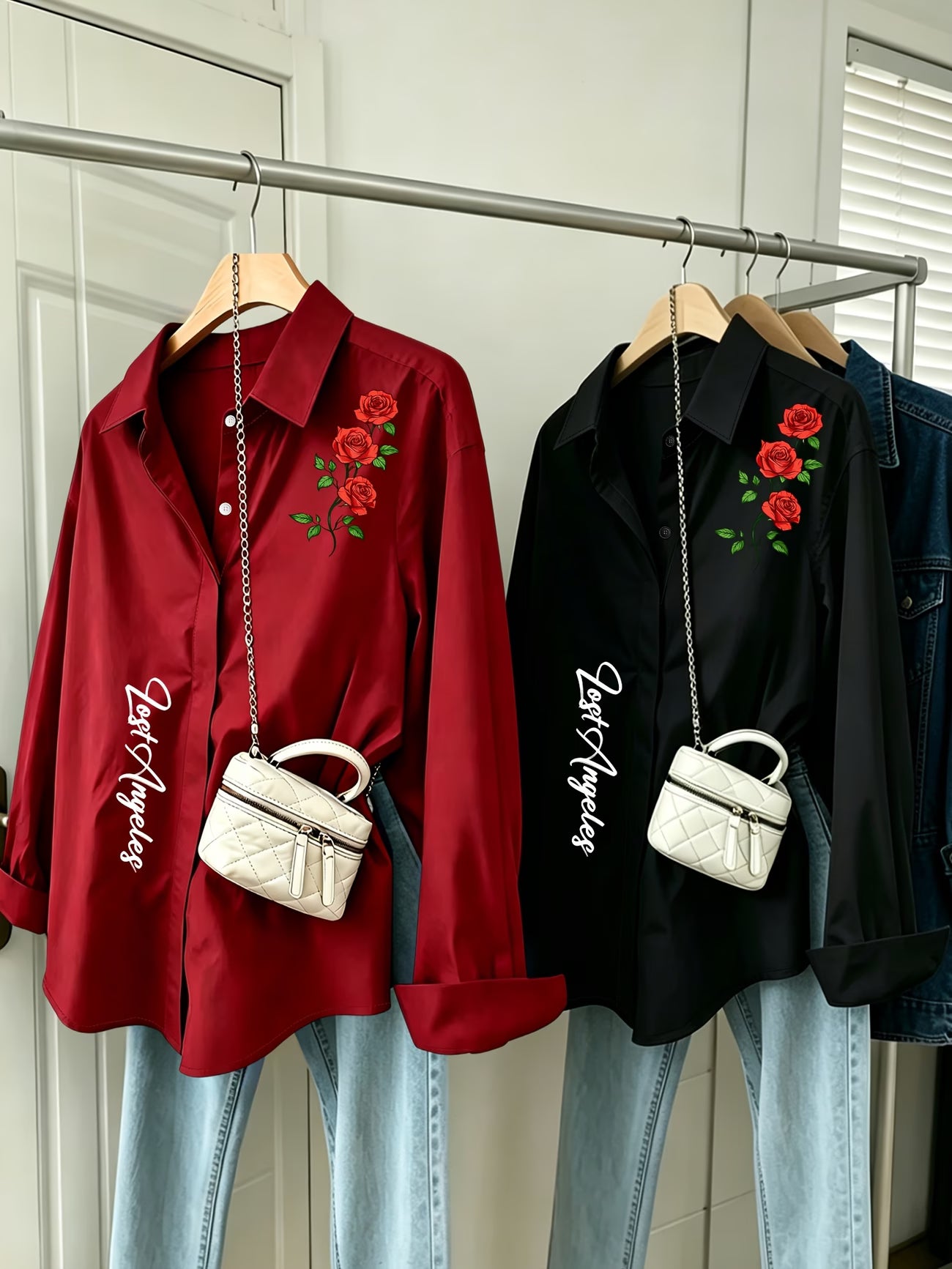 [2-Piece Set] Red Rose English Letter Button-Up Shirt