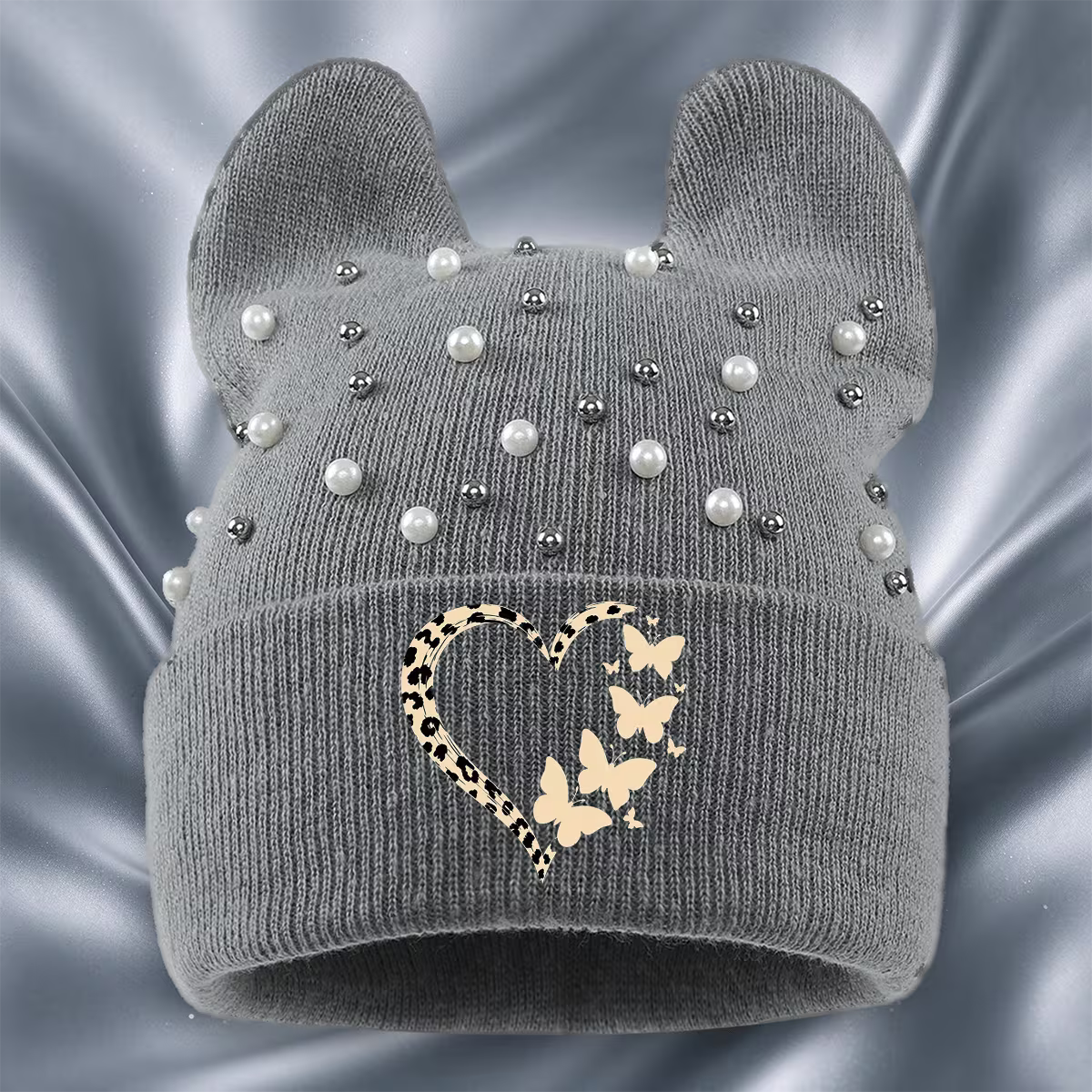 Leopard Print Cat-Ear Beanie with Heart & Butterfly Details