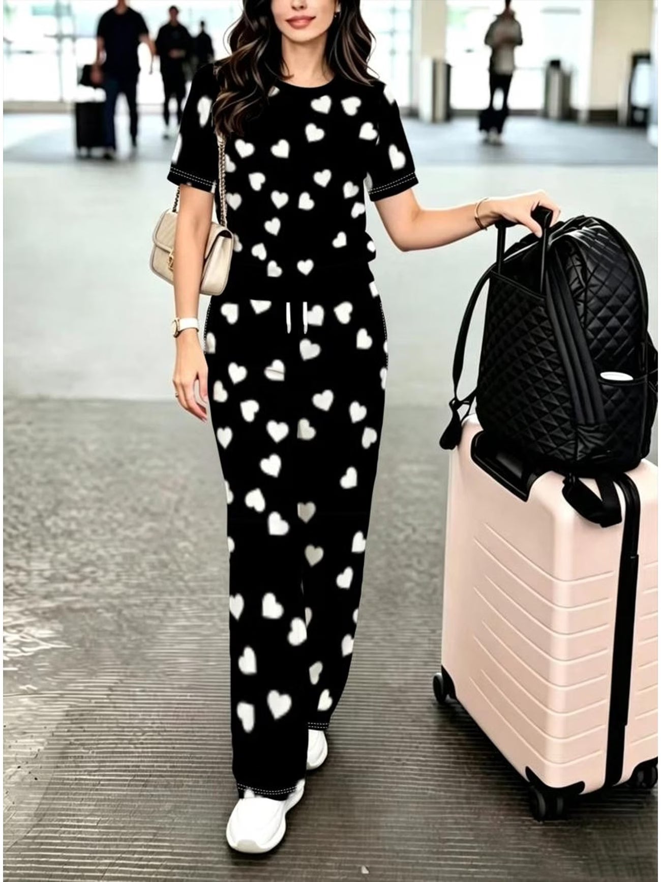 Black & White Heart Print Women's Pants Set