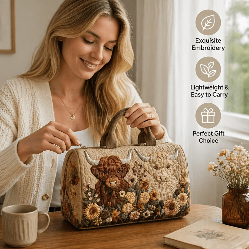 Highland Cow Floral Embroidered Quilted Duffle Bag