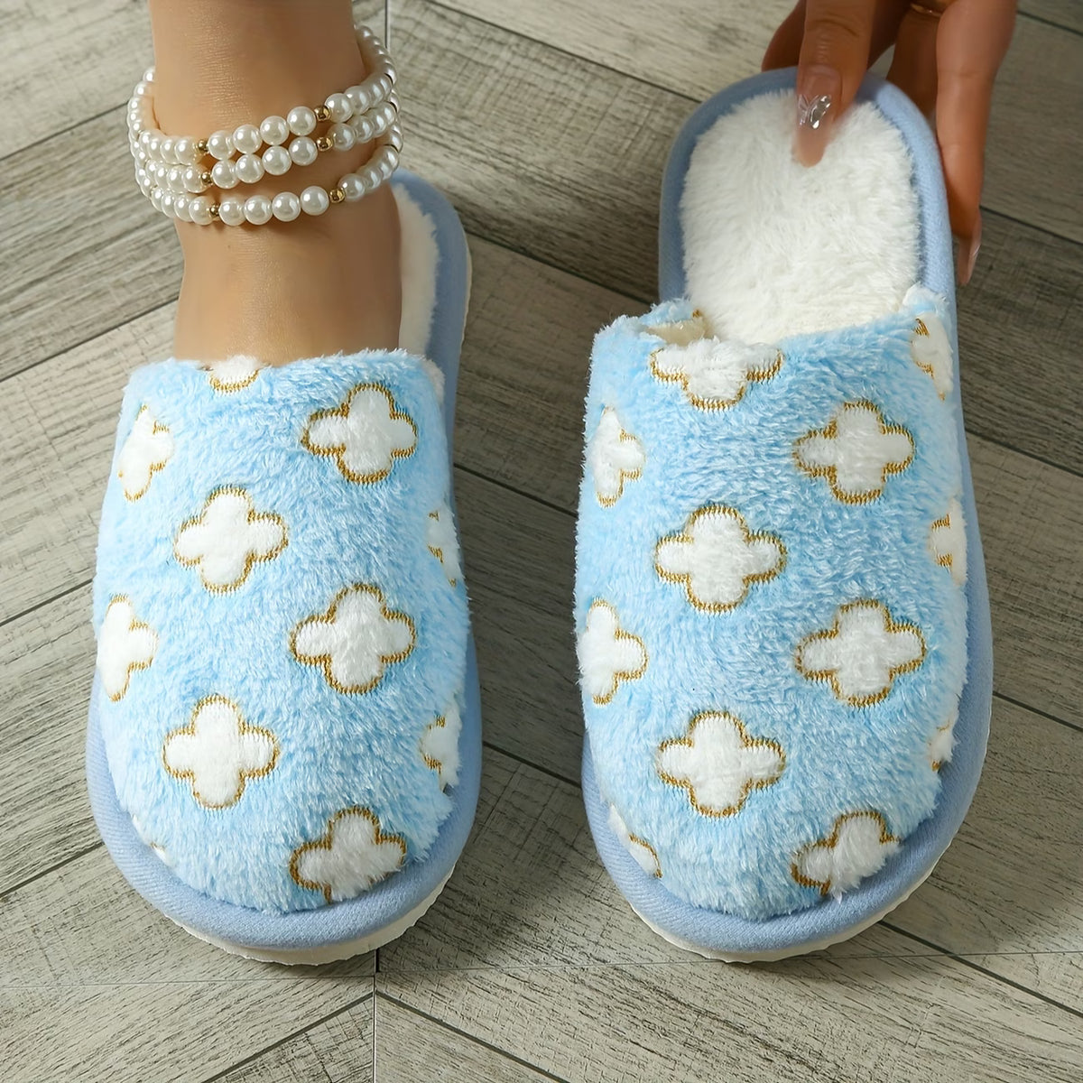 Women’s Gold-Trim Plush Jacquard Slippers