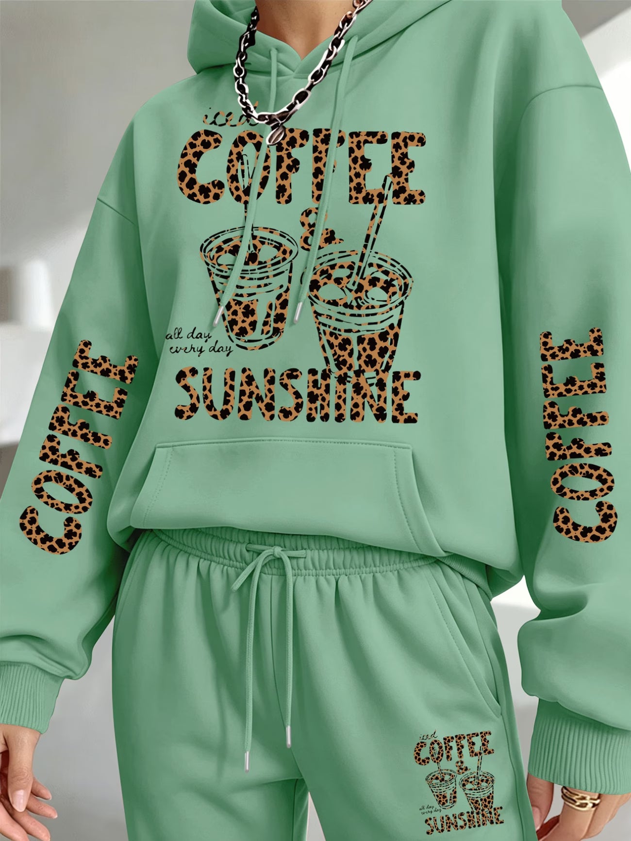 Women's 'Coffee & Sunshine' Leopard Print Hoodie & Jogger Set