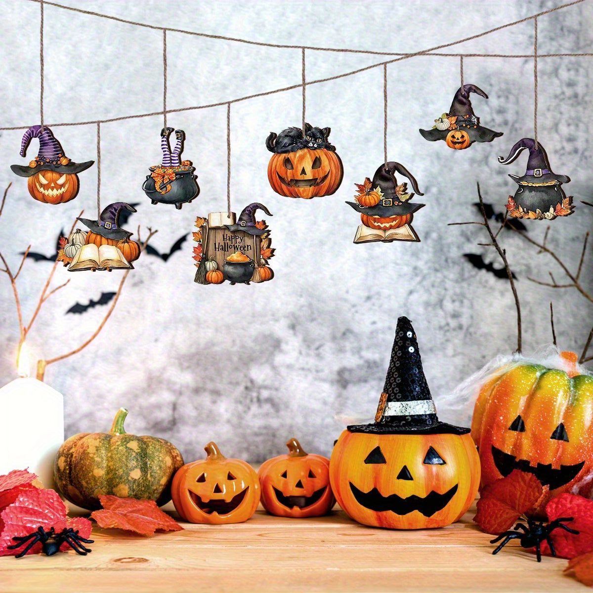 2D Flat Wooden Halloween Hanging Ornaments – Retro Rich Colours (Set of 8)