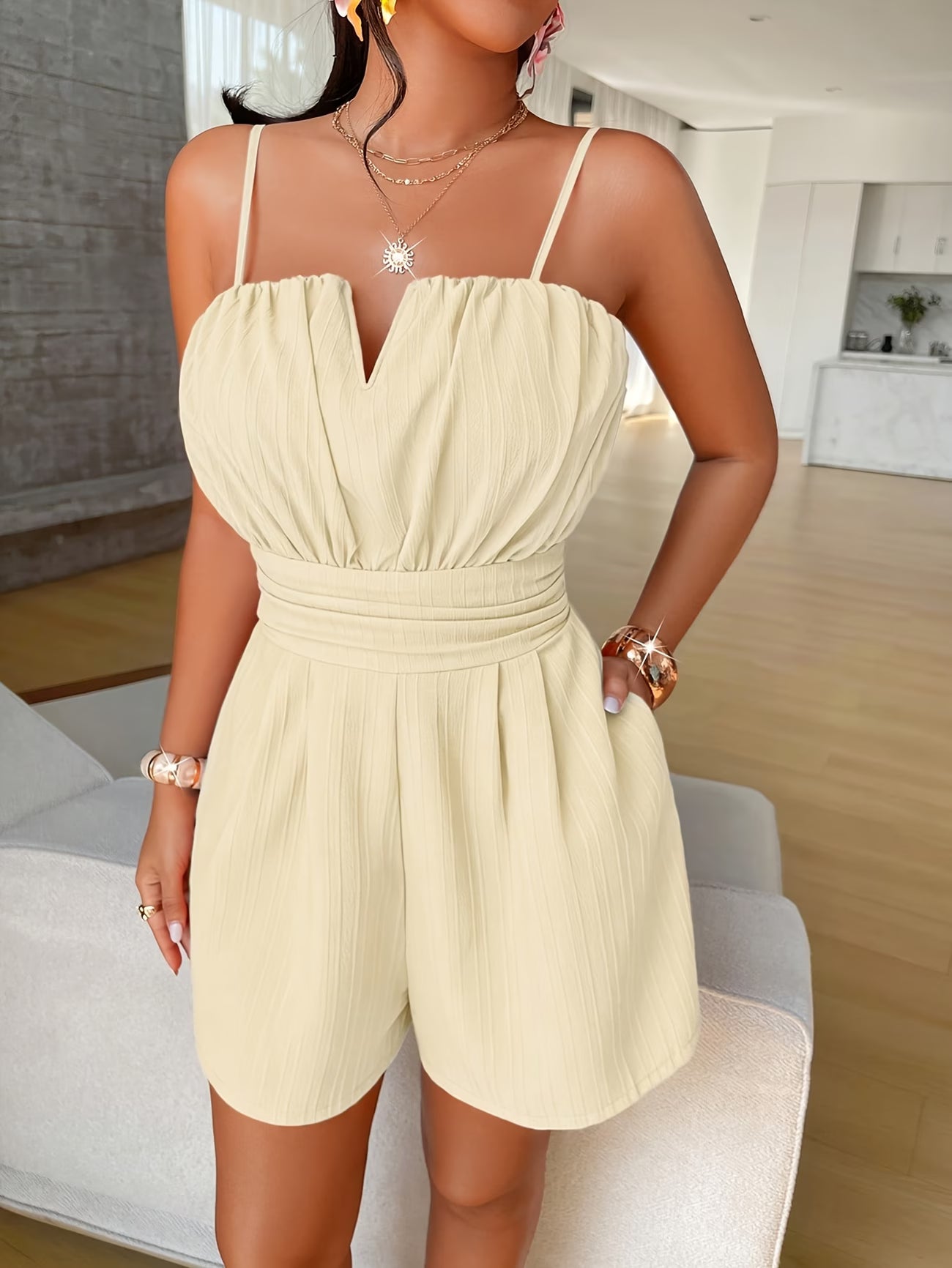 Elegant Solid Colour Adjustable Strap Pleated Jumpsuit