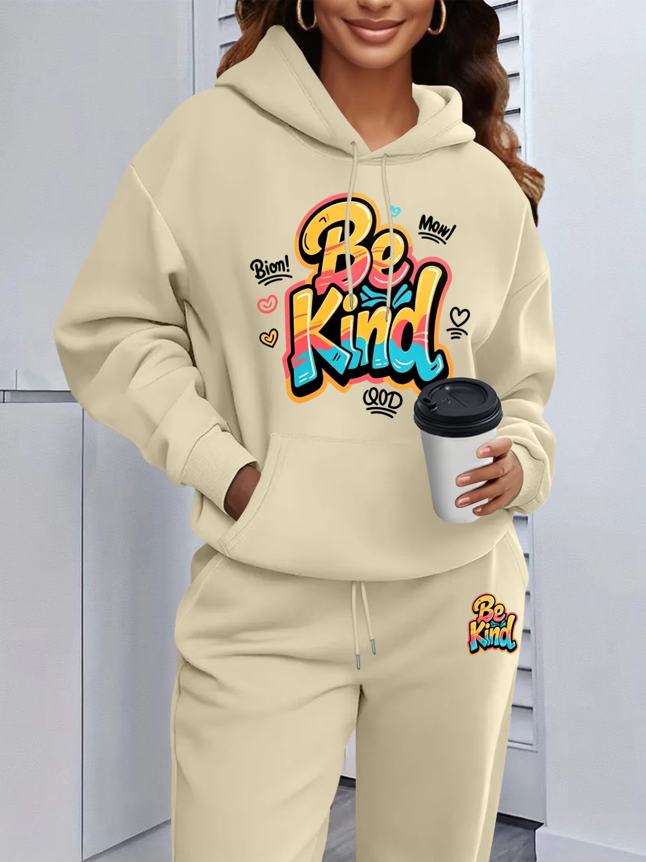 Be Kind Colourful Graffiti Print Hooded Sweatshirt & Sweatpants Set