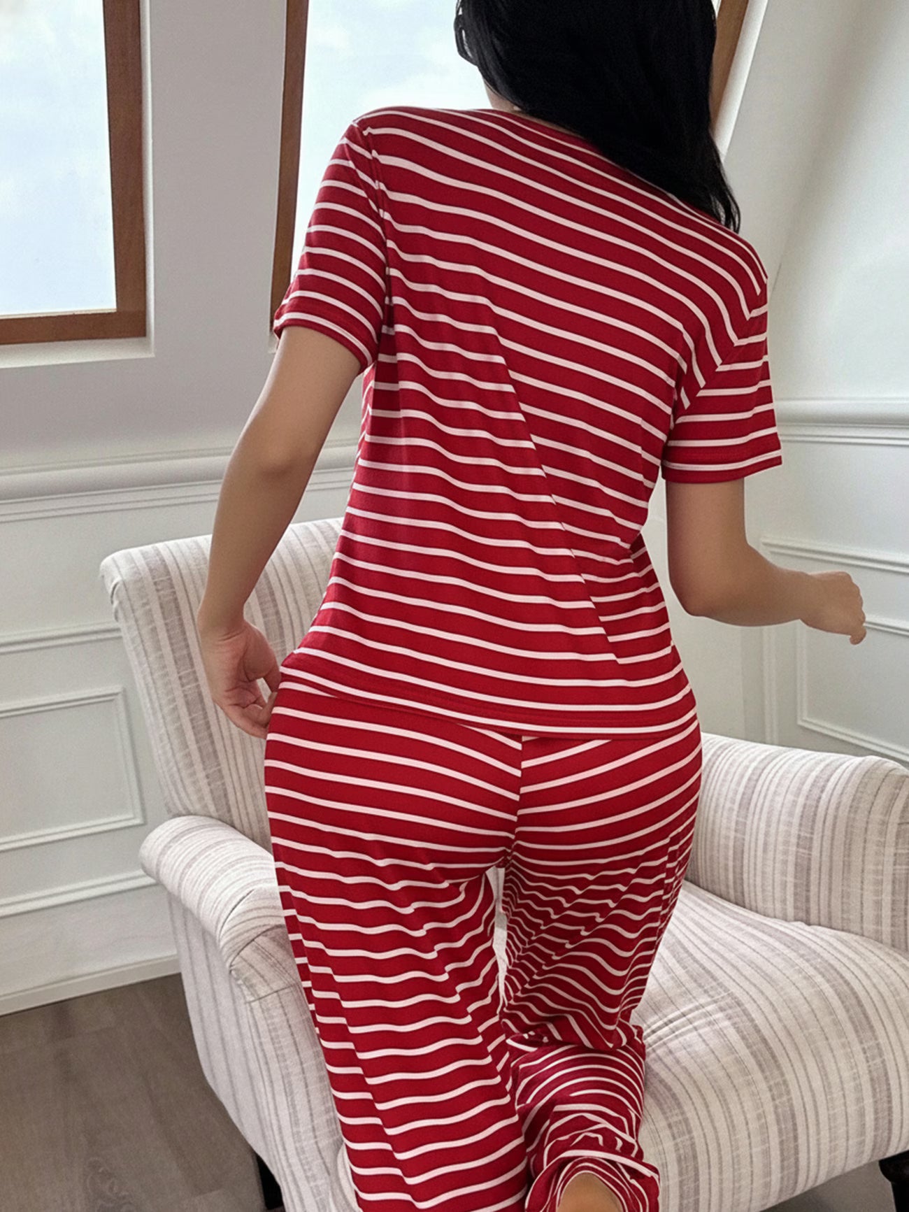 Ladies' Red and White Striped Crew Neck Short Sleeve Top and Long Pants Pajama Set