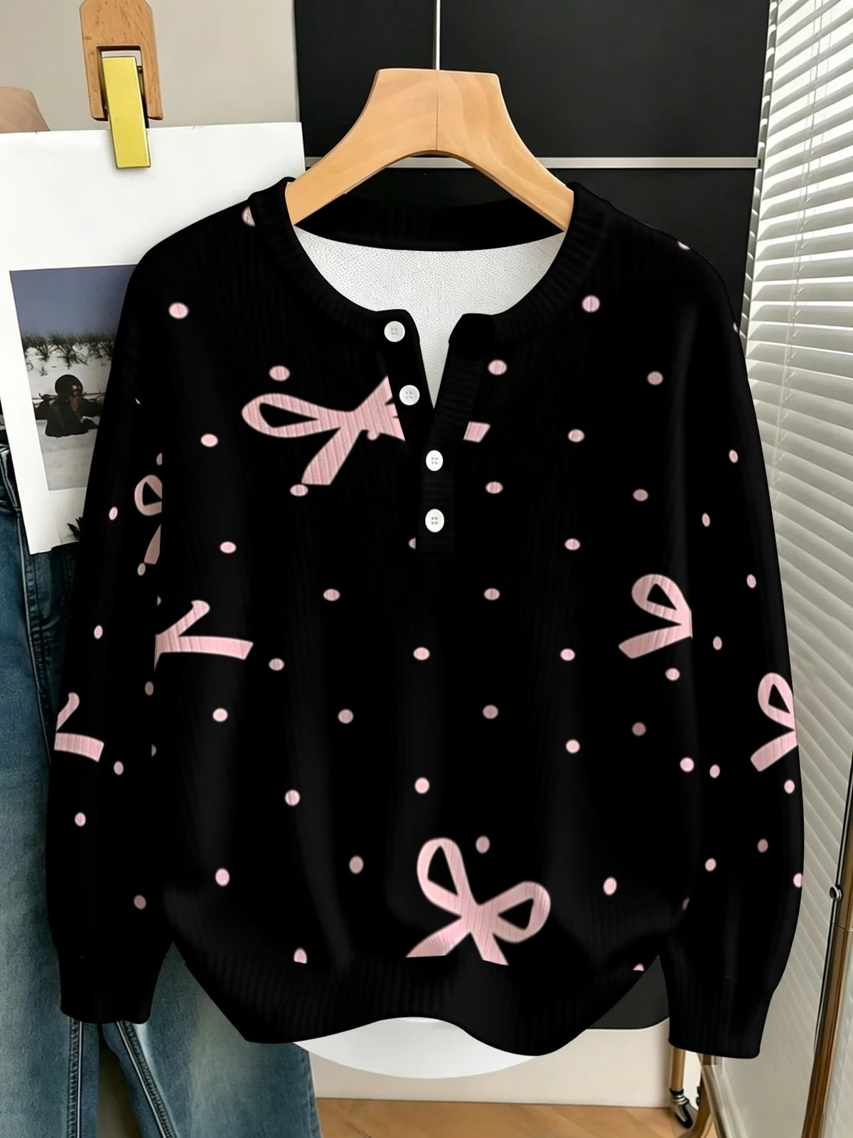 Women's Black Pullover with Pink Bows & Polka Dots