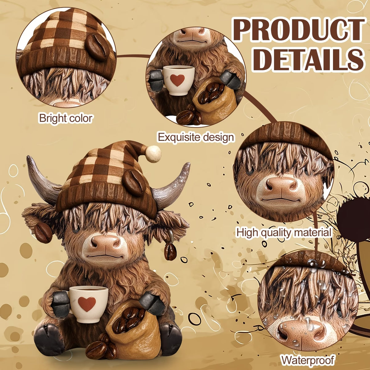 2pcs Cute Scottish Highland Cow Ornaments – Autumn Coffee Bean Edition