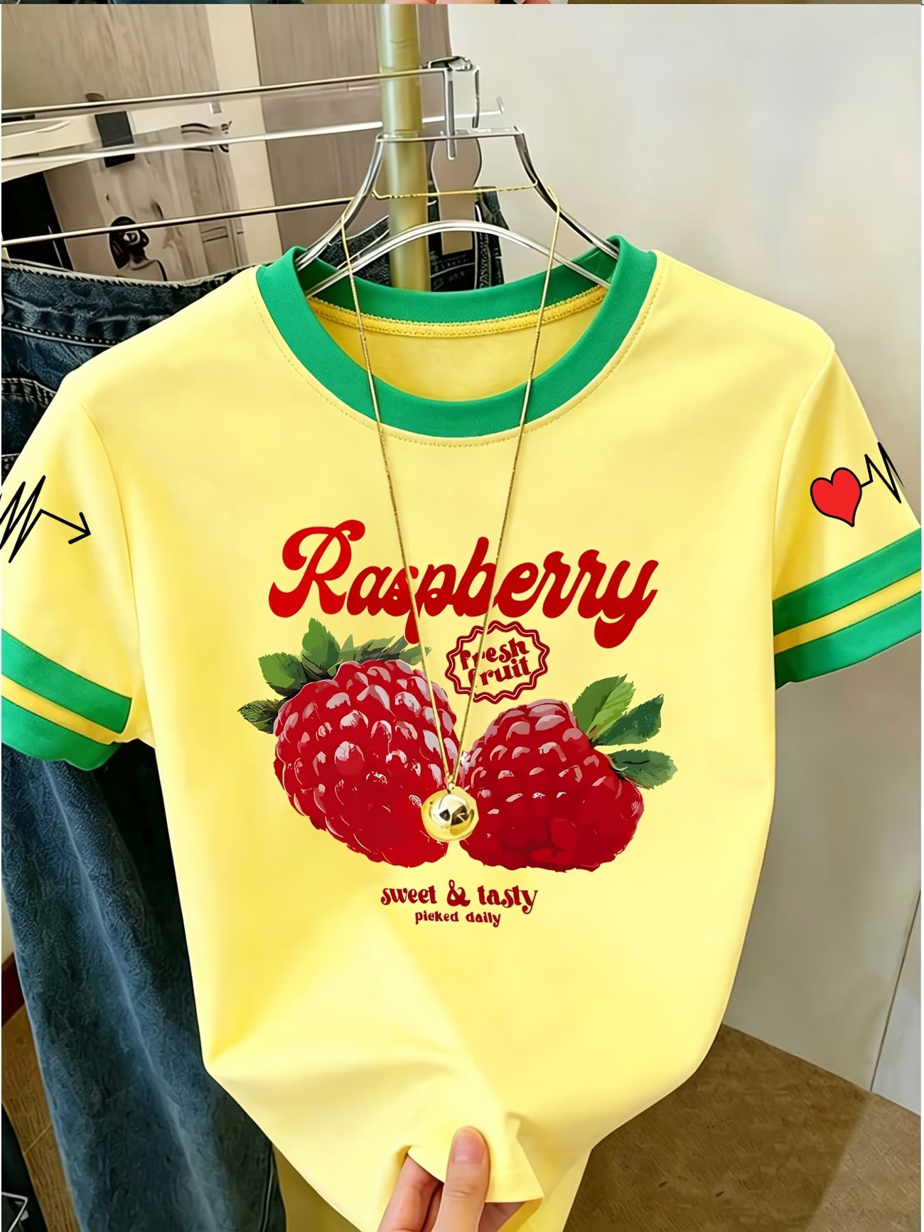 Raspberry Print Colour-Block Short-Sleeve Top