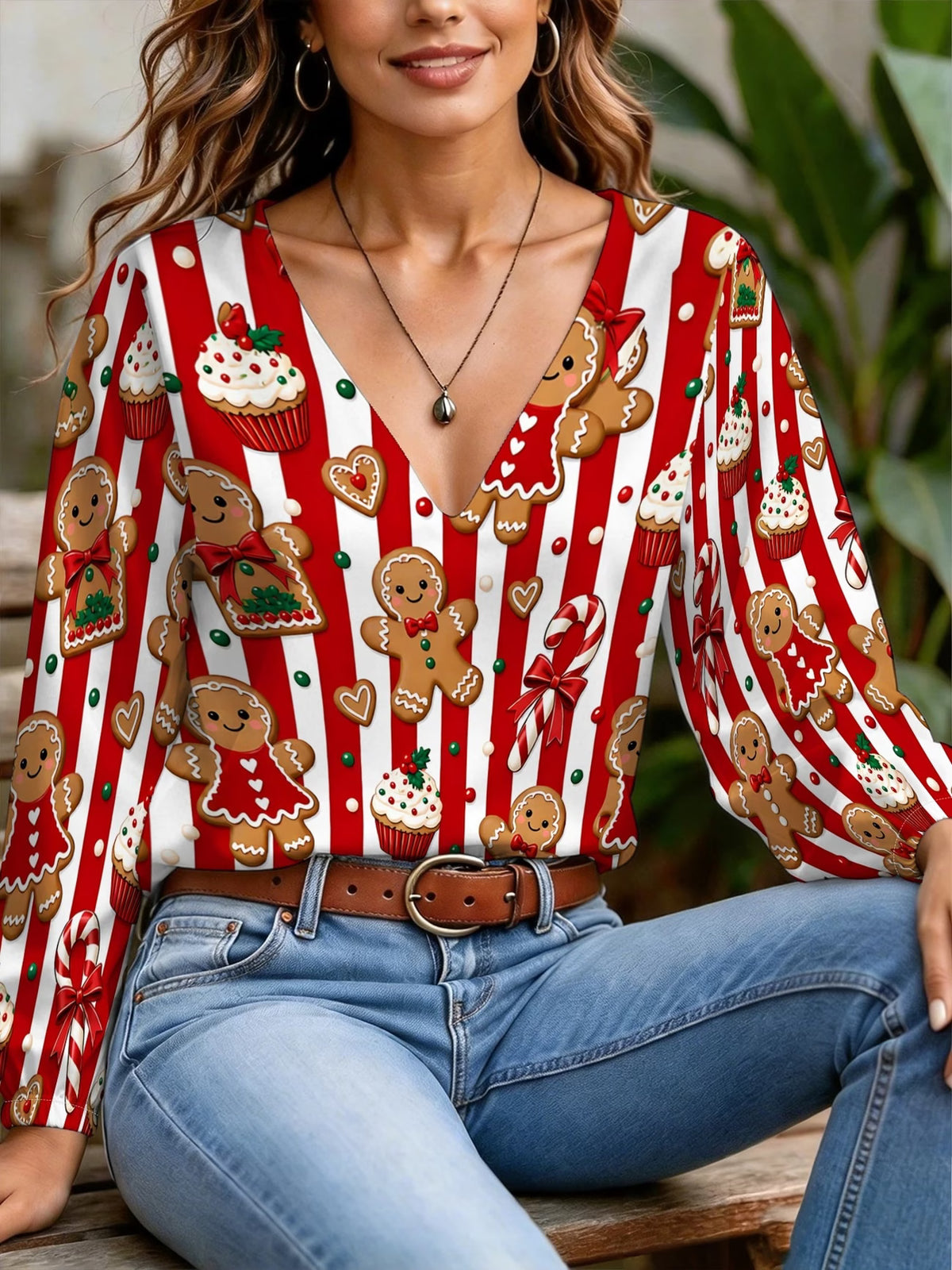 Women's Christmas Gingerbread Print Lantern-Sleeve Top