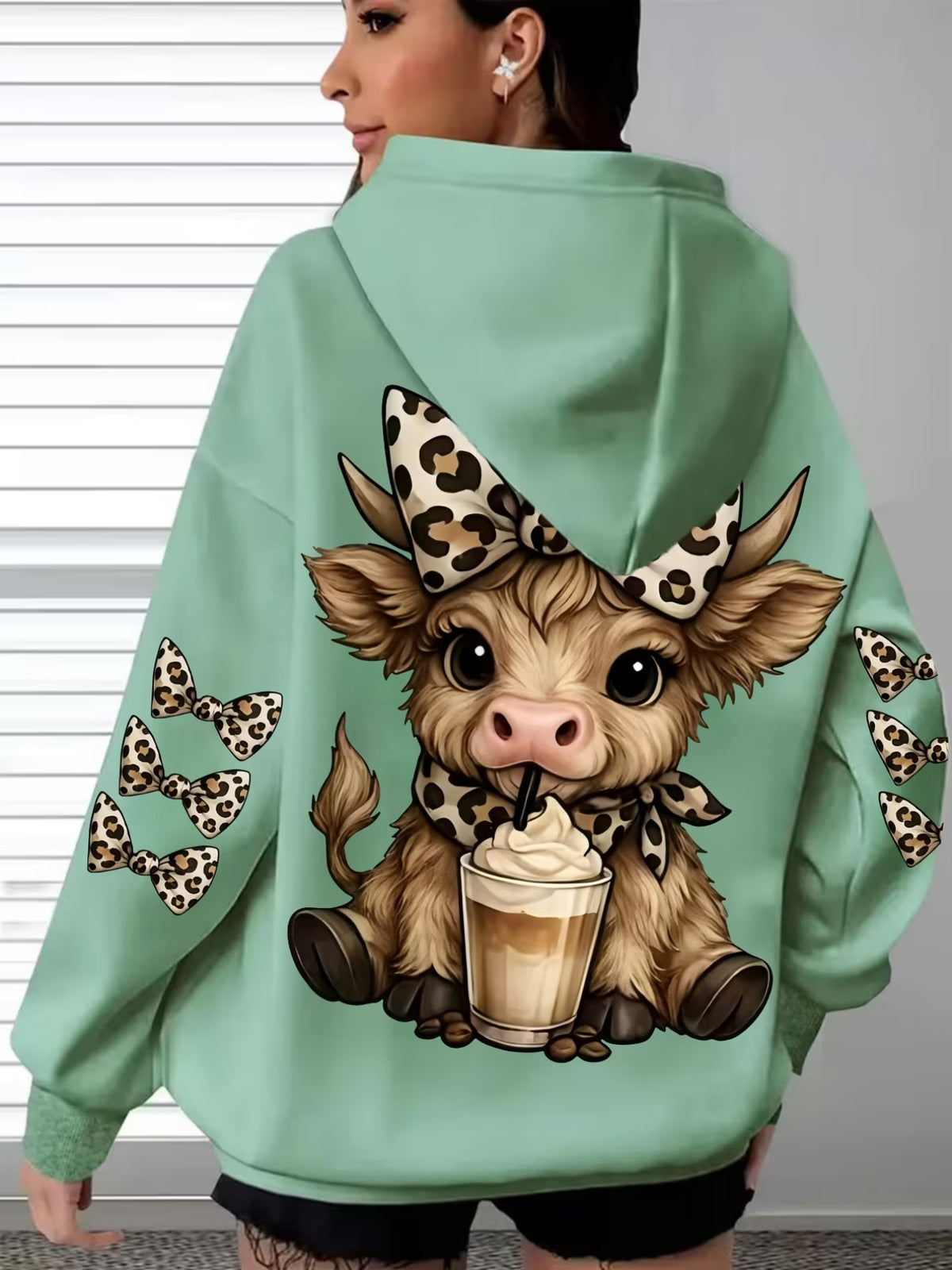 Casual Hooded Leopard Print Bow Highland Cow Print Sweatshirt