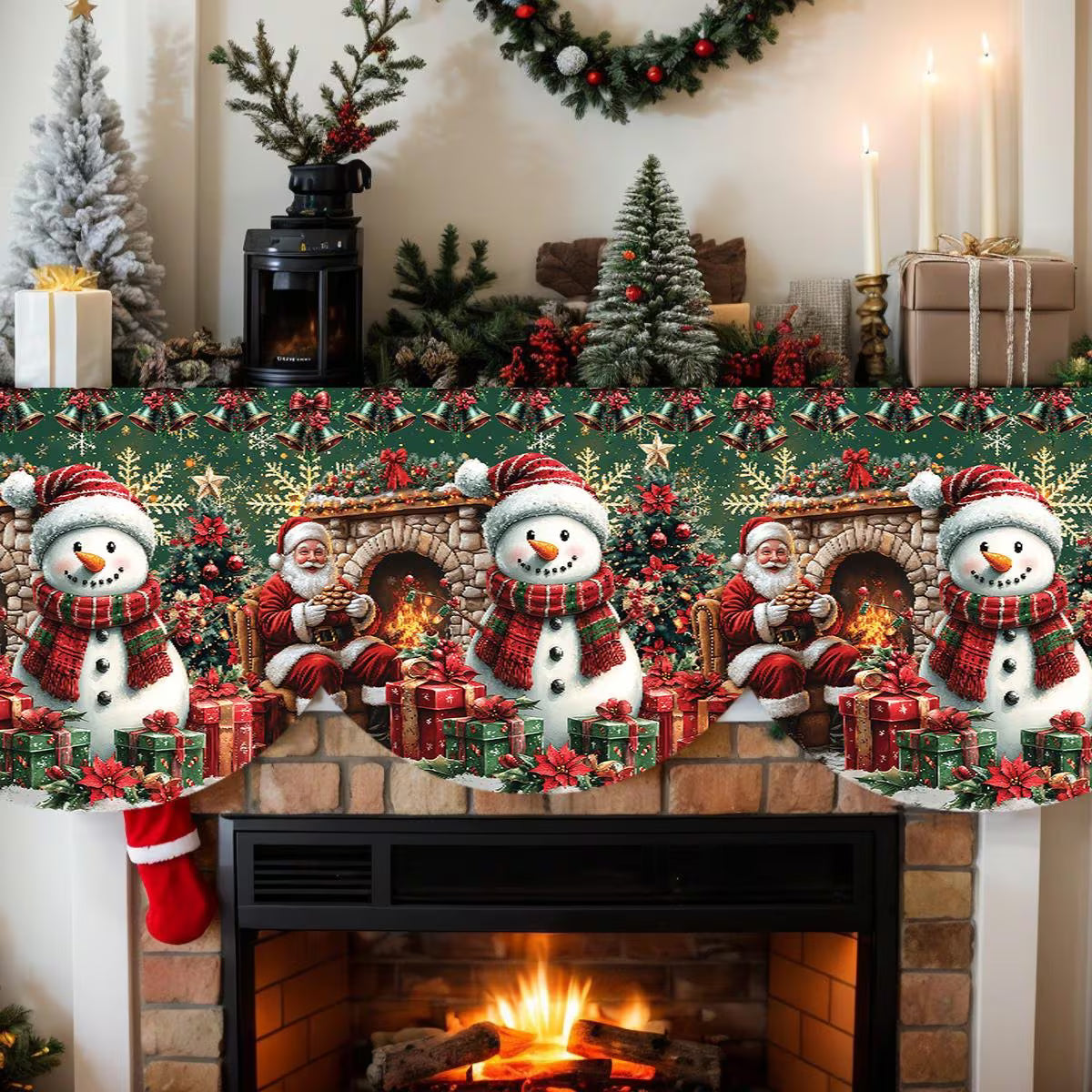 Christmas Fireplace Towel | Striped Snowflake, Snowman & Santa Claus Pattern | Soft Rectangular Holiday Decoration