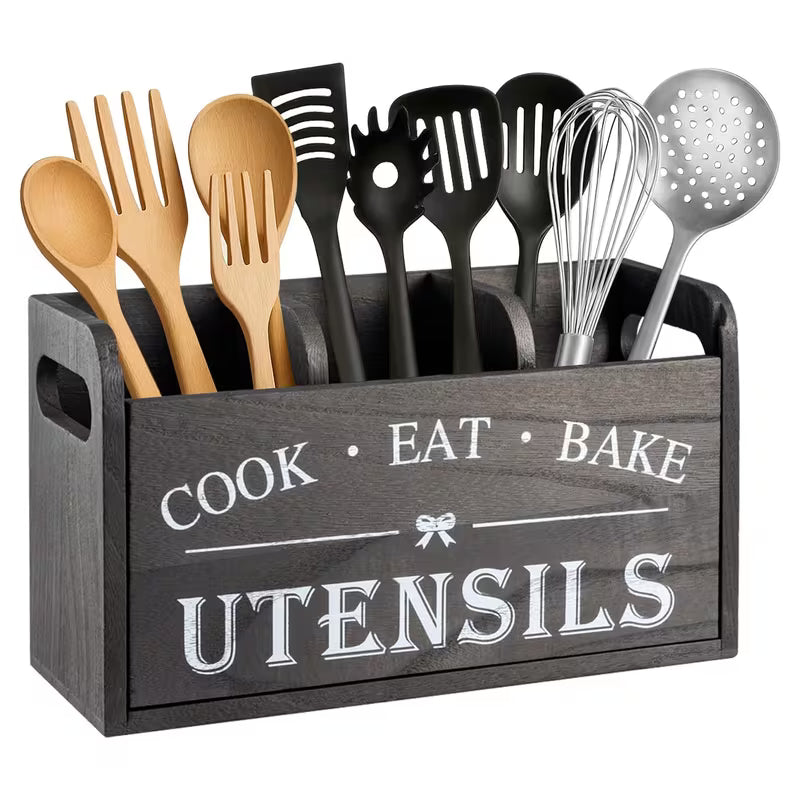 3-Compartment Wooden Kitchen Utensil Holder – Countertop Organiser
