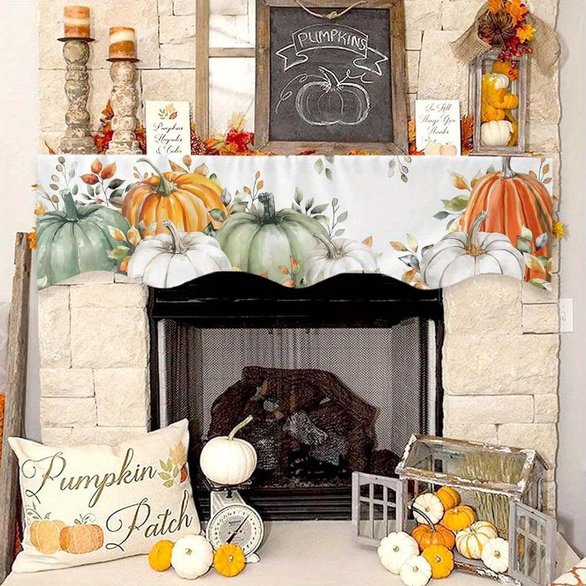 Autumn Fireplace Mantel Runner | Pumpkin Orange & Sage Green Harvest Design | Thanksgiving, Halloween & Farmhouse Décor