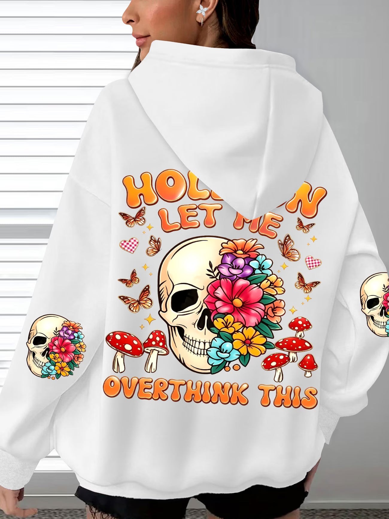 Women's Back Print Hooded Sweatshirt – Vintage Flower, Skull & Mushroom Design