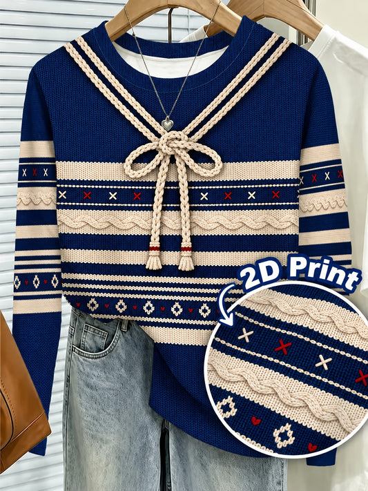 Nautical Stripe & Bow Print Crew Neck Long Sleeve Top