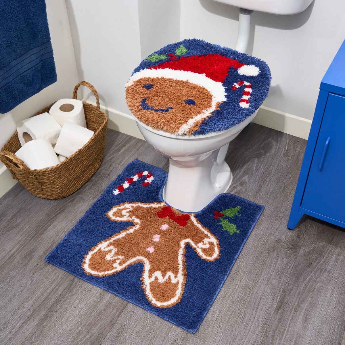 Gingerbread Pedestal Mat & Toilet Seat Cover - Navy