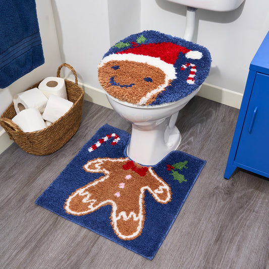 Gingerbread Pedestal Mat & Toilet Seat Cover - Navy
