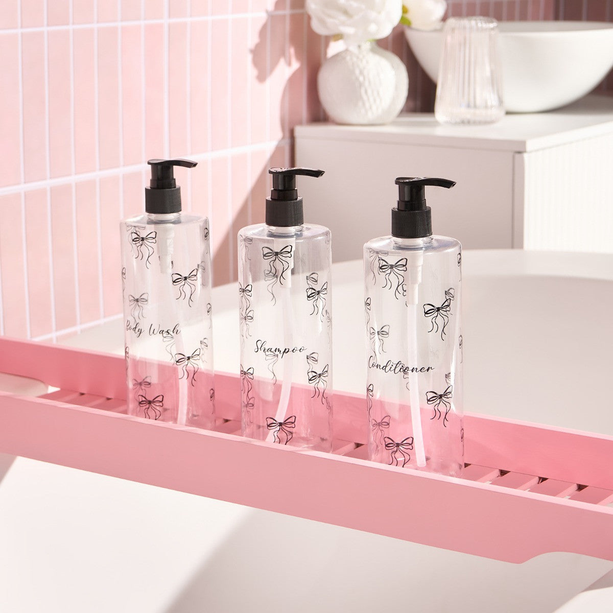 Bows Dispenser Bottles, Clear/Black - 3 Pack
