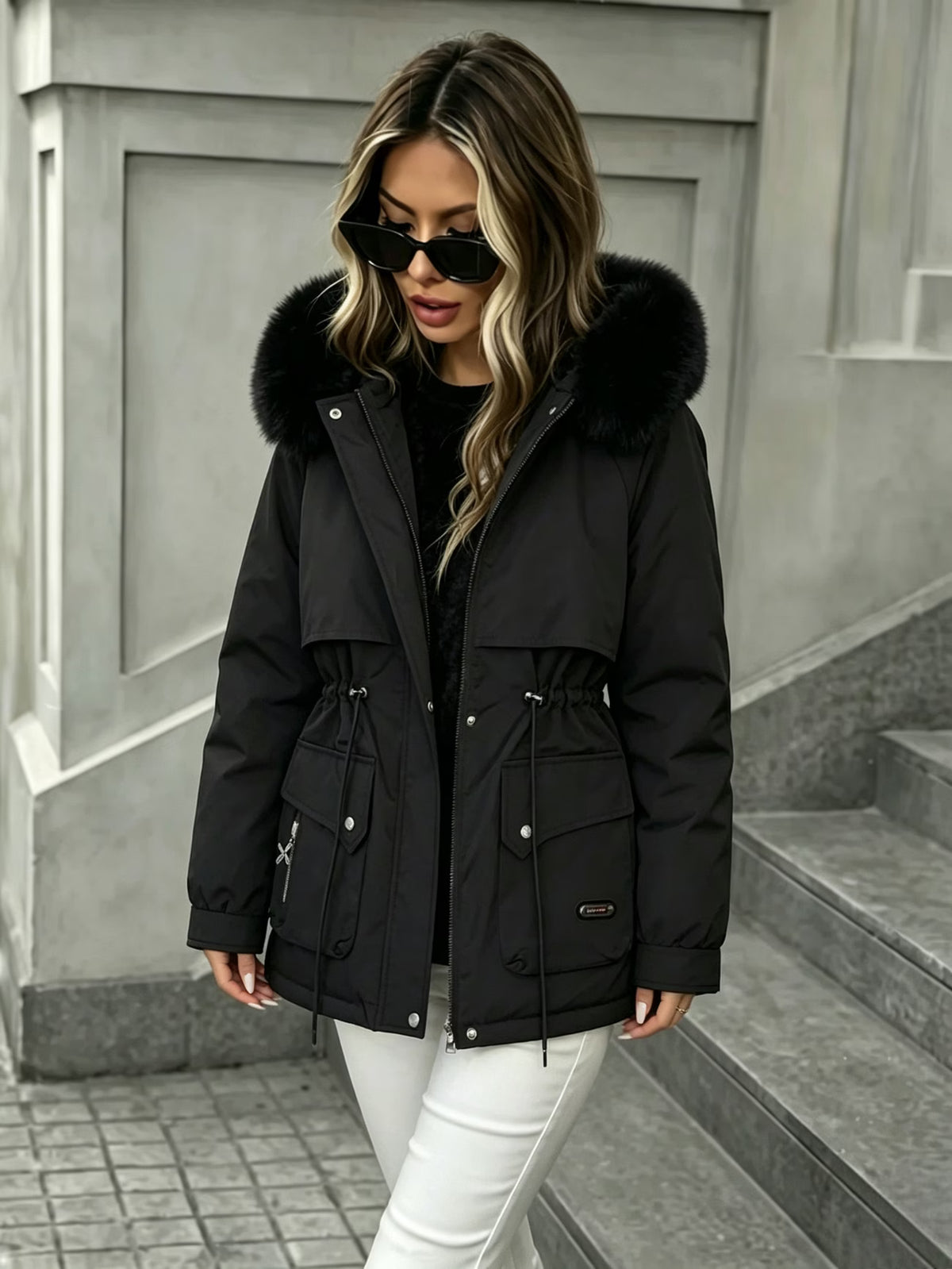 Women's Fleece-Lined Winter Parka – Big Hood, Drawstring Waist & Pockets