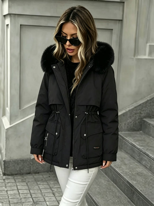 Women's Fleece-Lined Winter Parka – Big Hood, Drawstring Waist & Pockets