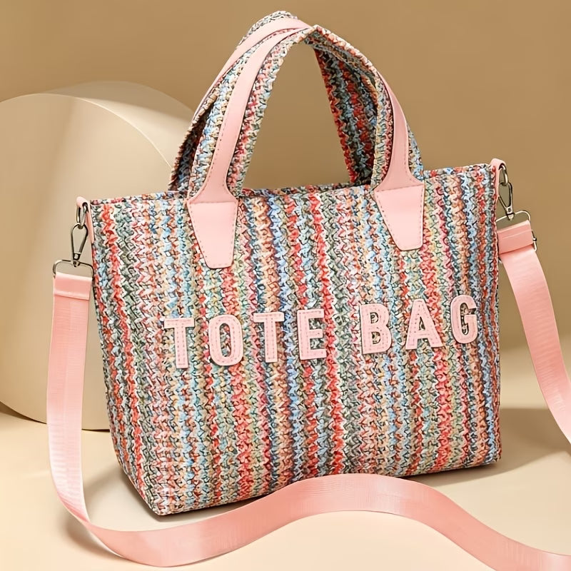 Colorful Striped Woven Crossbody Bag – Pink, Green & White