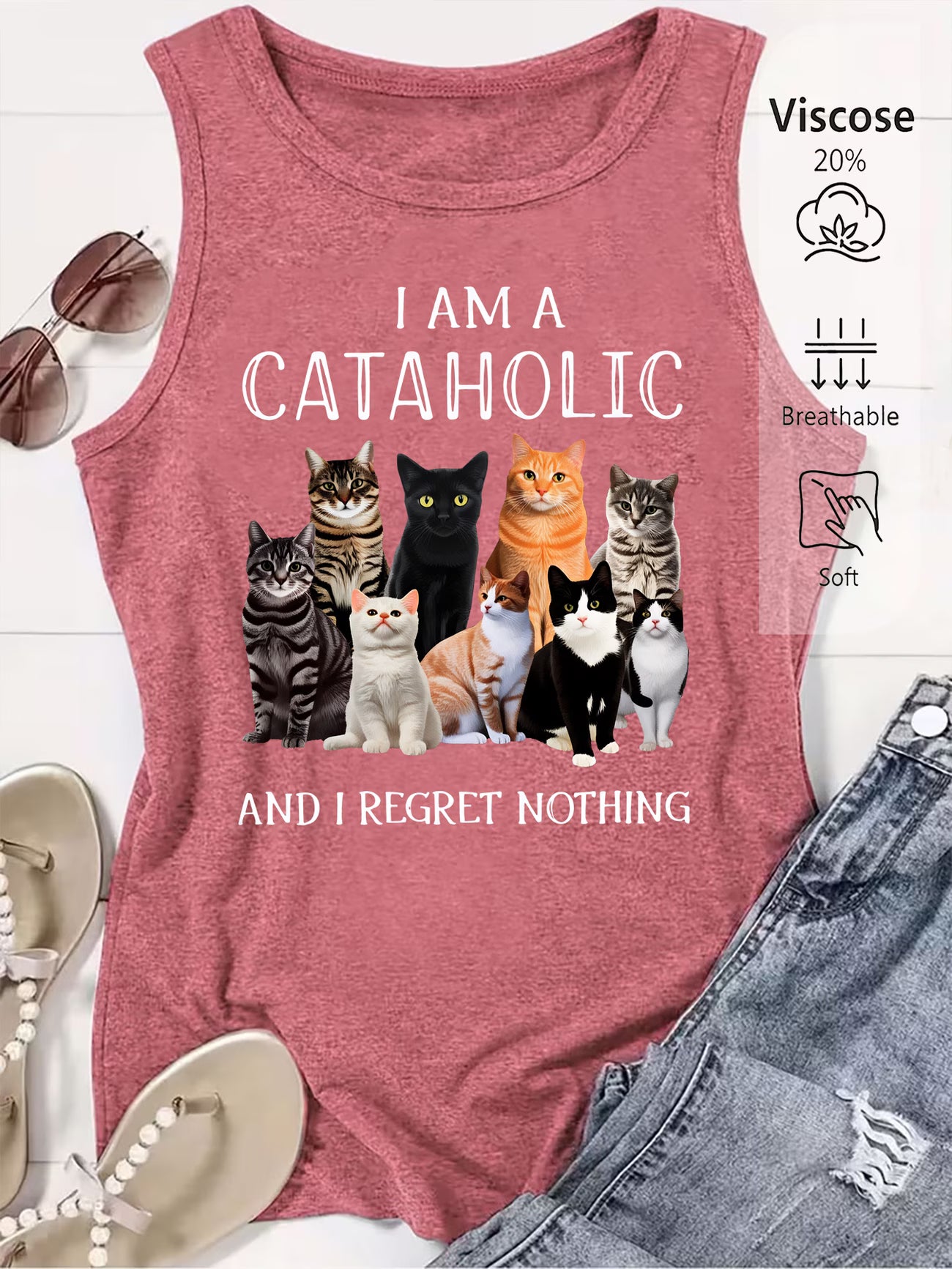 Women's "I Am a Cataholic" Cat Print Sleeveless Vest